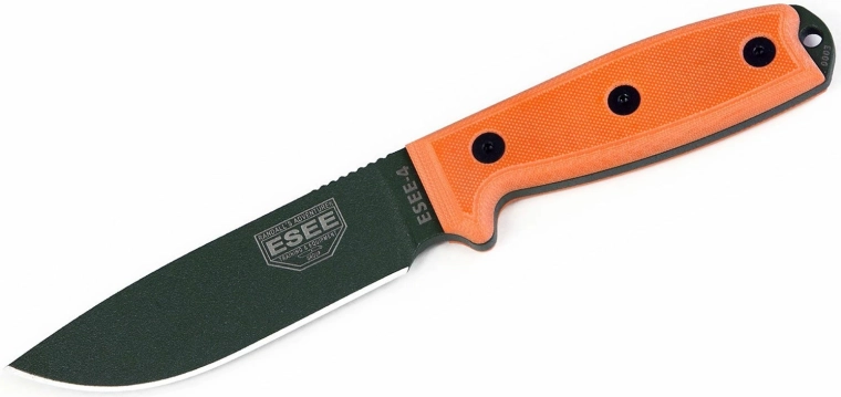 ESEE 4P OD uniwersalny nóż 11,4 cm, czarna powłoka, pomarańczowa rękojeść G10, plastikowa pochwa