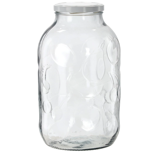 Szklany słoik do wekowania 5 l z owocowym reliefem i emaliowaną pokrywką 100 mm