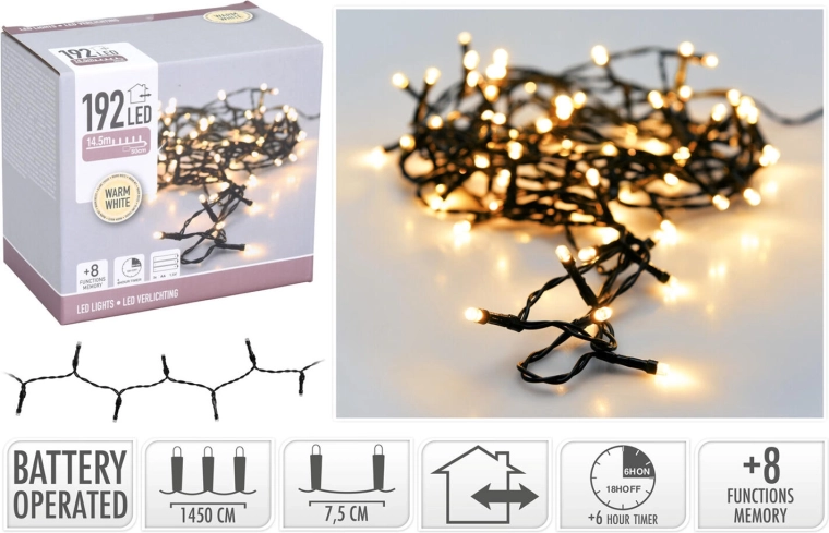 Świąteczne oświetlenie LED 15 m, 192 LED, ciepła biel, 8 funkcji, IP44