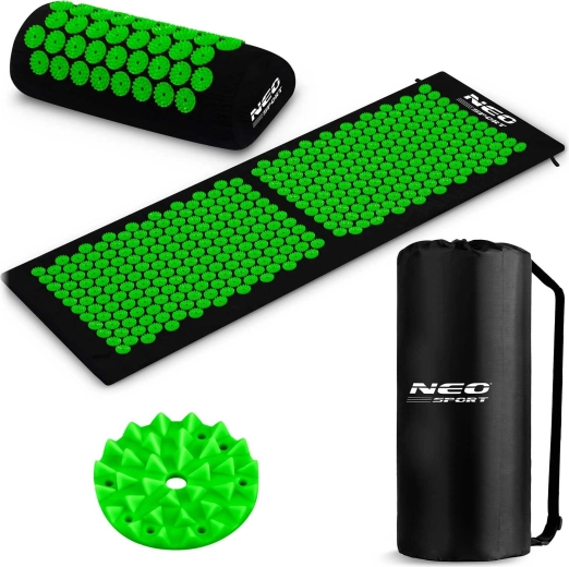 Mata do akupresury z wypustkami Neo Sport czarno-zielona (zestaw z poduszką i torbą)