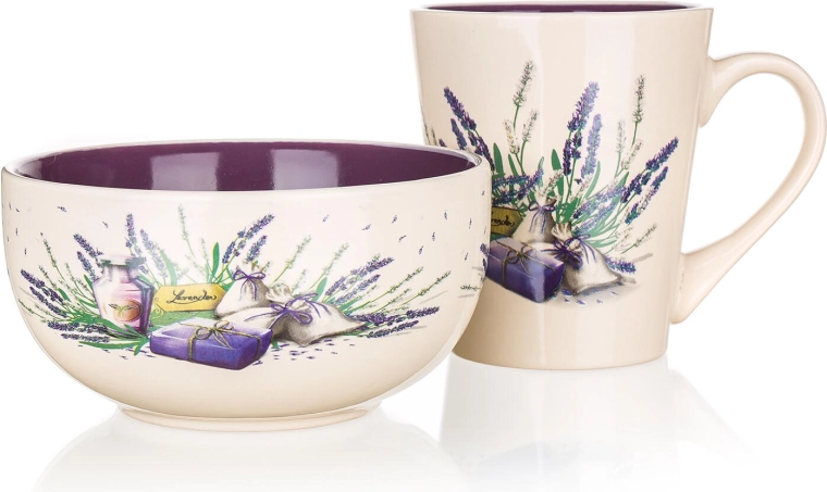 Ceramiczny zestaw śniadaniowy Lavender – kubek 360 ml i miska 540 ml