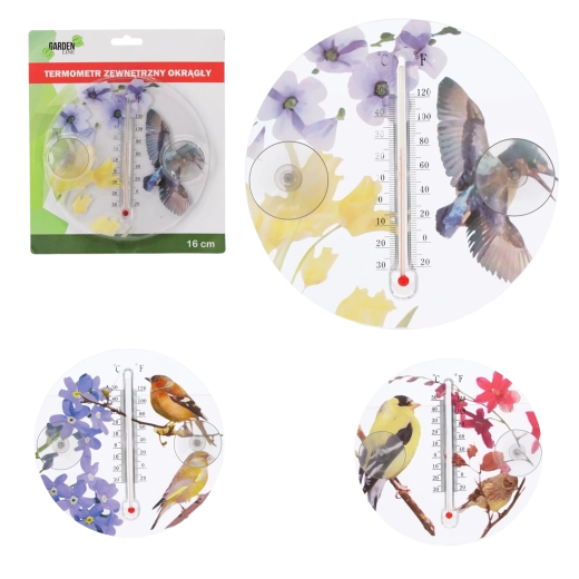 Zewnętrzny okrągły termometr z motywem ptaków 16,5 cm