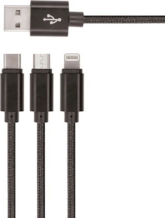 Setty nylonowy kabel USB 3w1 microUSB, Lightning, USB‑C 1 m – czarny