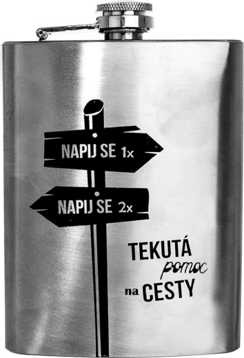 Nierdzewna kieszonkowa piersiówka „Płynna pomoc w podróży” 240 ml