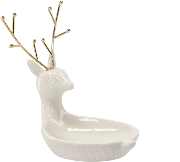 Ceramiczny stojak na biżuterię w kształcie jelenia, biały ze złotymi detalami