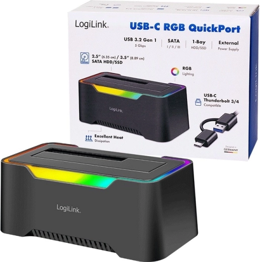 LogiLink stacja dokująca USB‑C 3.2 Gen 1 dla dysków SATA 2,5"/3,5" HDD/SSD z RGB