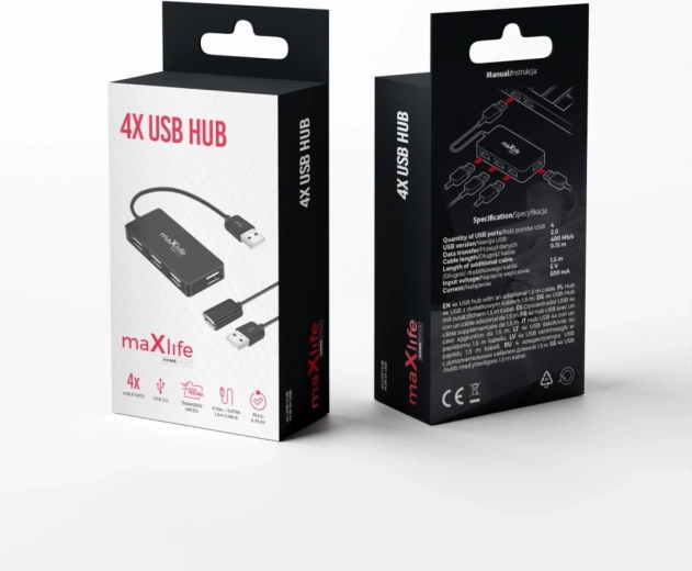 Maxlife Home Office koncentrator USB 4× USB 2.0 czarny 1,5 m