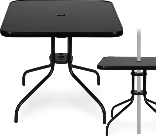 Kwadratowy stół ogrodowy 80 cm z hartowanego szkła z otworem na parasol MultiGarden