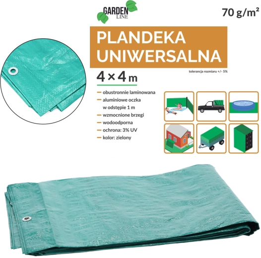 Plandeka PE 4 × 4 m, zielona, 70 g/m², UV 3%, laminowana dwustronnie