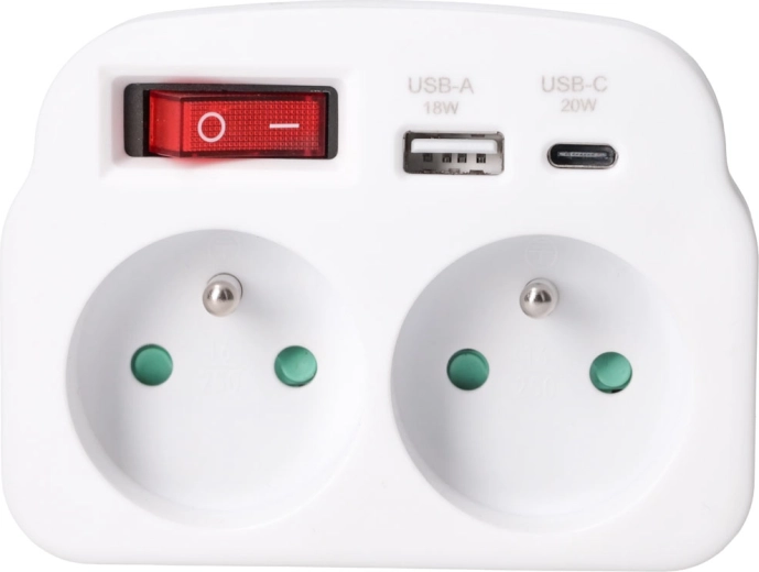 Solight rozgałęźnik gniazdkowy z 2 gniazdami, szybkim ładowaniem USB-A i USB-C 20 W PD, biały
