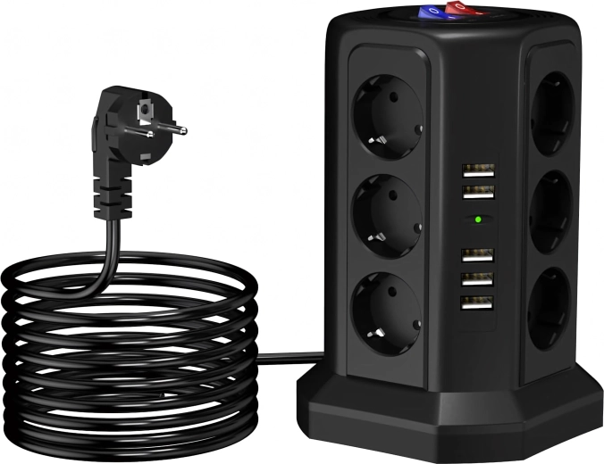 Pionowy przedłużacz przeciwprzepięciowy 12 gniazd + 5 USB z resetem