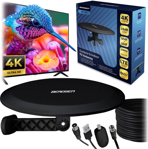 Wewnętrzna i zewnętrzna antena TV Ultra HD 4K BERDSEN BD-955 czarna