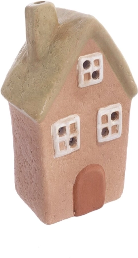 Ceramiczny świecznik domek beżowo-zielony 18 cm