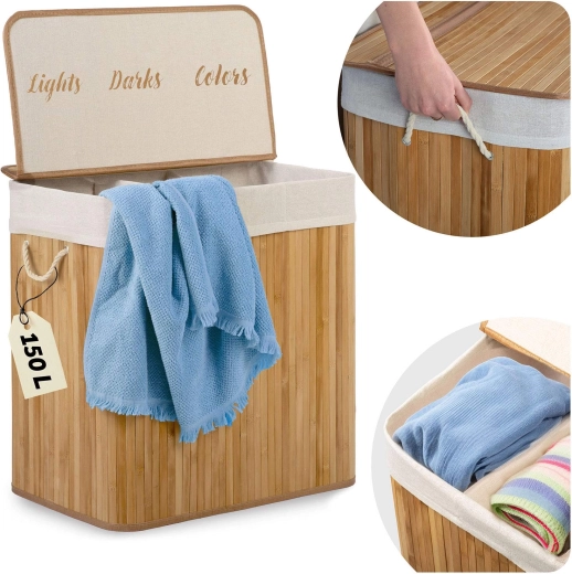 Bambusowy kosz na pranie 150 l z 3 przegrodami i pokrywą MASSIDO