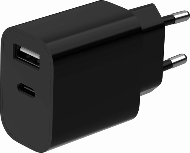 Uniwersalna ładowarka sieciowa USB z 2 portami (USB-A + USB-C), 2,4 A, czarna