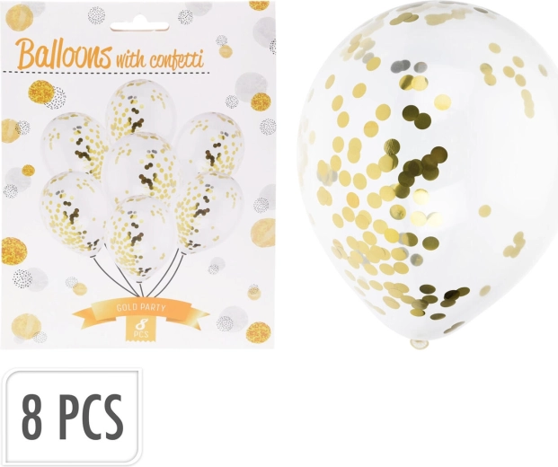 Balony imprezowe z białymi i złotymi konfetti (8 szt.)