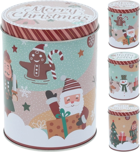 Świąteczna okrągła metalowa puszka 10,5 × 14 cm – mix dekorów