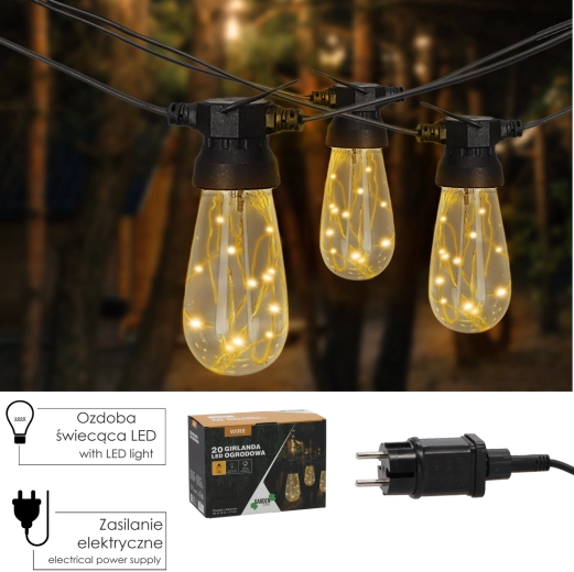 Ogrodowy łańcuch świetlny 20 m, 20 LED, ciepła biel, IP44, 12 V z uchwytami