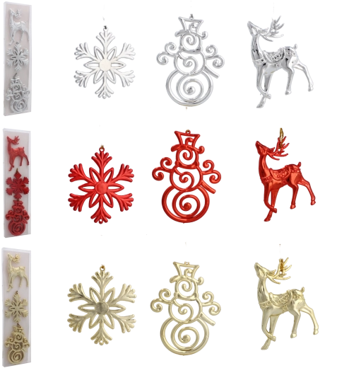 Zestaw świątecznych ozdób – renifer, śnieżynka i bałwanek, błyszcząca mieszanka kolorów