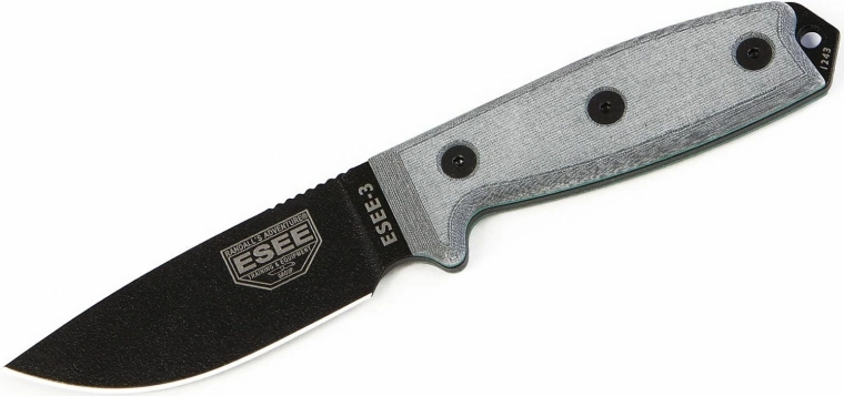 Uniwersalny taktyczny nóż ESEE 3P, czarna głownia, szara Micarta, pochewka Coyote Tan