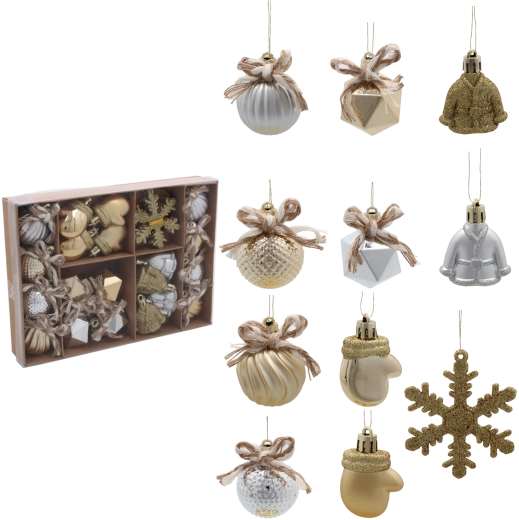 Zestaw 24 ozdób świątecznych mix srebrny i szampański Chomik
