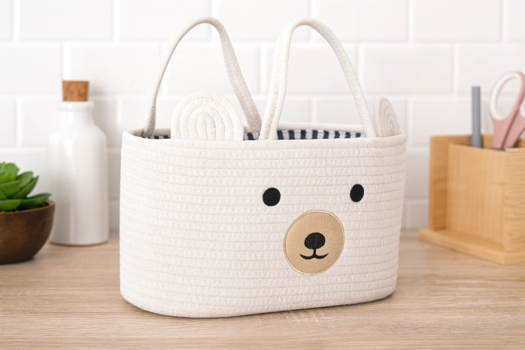 Biały tekstylny koszyk na zabawki w kształcie misia z uchwytami 35 × 25 × 21 cm