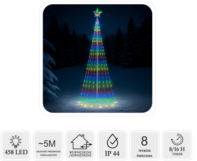 LED stożkowa choinka świąteczna z gwiazdą 3 m, 458 LED, multicolor, do użytku wewnętrznego i zewnętrznego