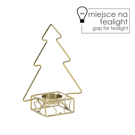 Złoty metalowy świecznik w kształcie choinki
