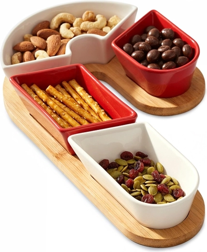 Ceramiczne miseczki do przekąsek na bambusowej tacy, zestaw 5‑częściowy