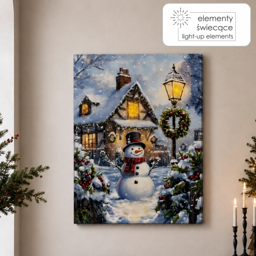 Obraz na płótnie z oświetleniem LED – bałwanek w zimowej scenerii 30 × 40 cm - 1 szt.