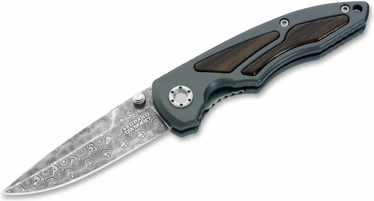 Kolekcjonerski nóż składany z damastu BÖKER MANUFAKTUR SOLINGEN Leopard-Damast I, aluminium i drewno