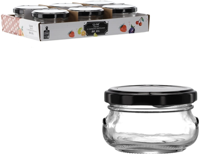 Szklany słoik 80 ml o płaskim kształcie z czarną metalową pokrywką