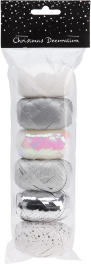 Błyszcząca wstążka do wiązania 8 m biała i srebrna, opakowanie 6 szt.