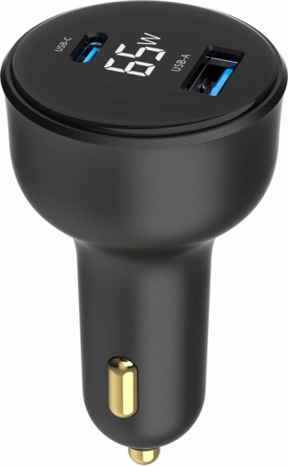 Szybka ładowarka samochodowa 2× USB‑A + USB‑C PD z LCD, 65 W, czarna