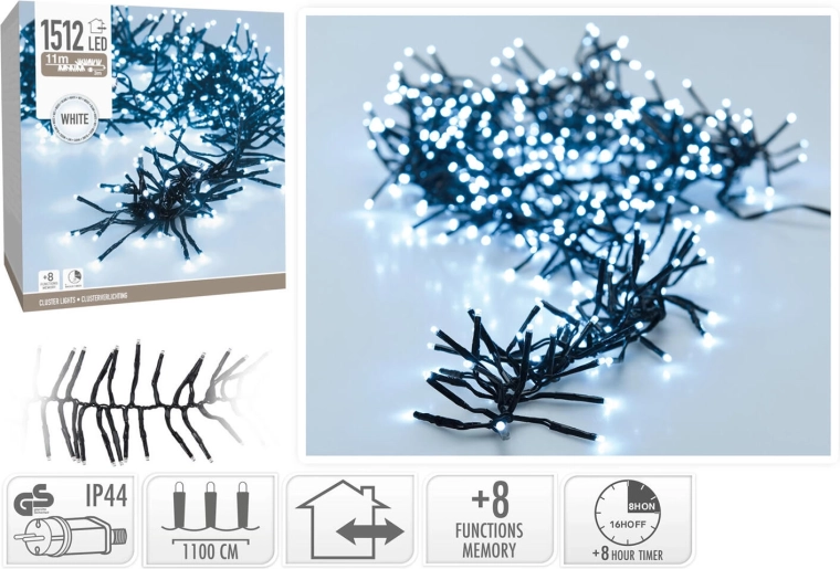 Świąteczny łańcuch świetlny 11 m, 1512 LED, zimna biel, 8 funkcji, IP44, z timerem - 1 szt.