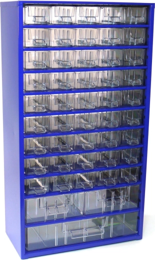 Metalowa szafka z szufladami na drobne części TOKOZ, 45 małych + 2 średnie + 1 duża szuflada, 30,5 × 55 × 15,5 cm, niebieska