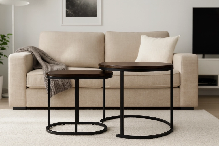 Zestaw stolików kawowych okrągły i owalny, brązowy dekor drewna