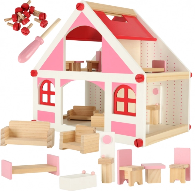 Drewniany domek dla lalek różowy z mebelkami 36 cm