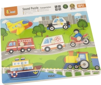 Drewniane puzzle dźwiękowe z motywem środków transportu Viga