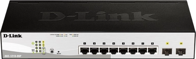 D-Link DGS‑1210‑08P gigabitowy inteligentny przełącznik PoE 8× RJ‑45 i 2× SFP