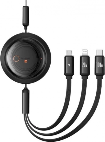Wysuwany kabel ładujący 3w1 BASEUS Free2Draw USB‑C/Lightning/Micro 100W, 1,1 m, czarny