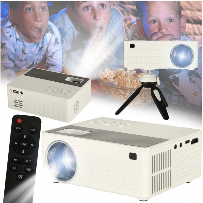 Przenośny projektor LED 1080p z panelem TFT LCD i statywem, biały