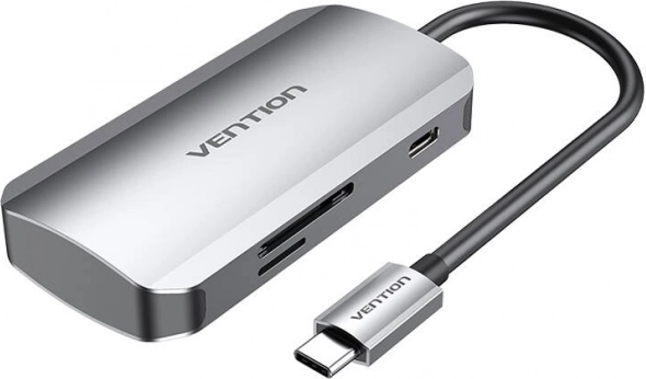 Stacja dokująca USB‑C 3× USB 3.0 z czytnikiem SD/TF i zasilaniem PD 100 W Vention, szara