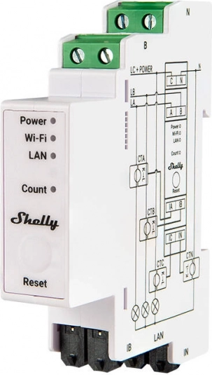 Shelly inteligentny trójfazowy licznik energii 120 A z Wi‑Fi/LAN i Bluetooth na szynę DIN