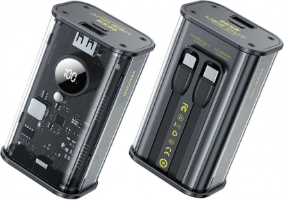 Powerbank 10000 mAh z szybkim ładowaniem, wbudowanym kablem USB‑C i Lightning, PD 20 W + QC 22,5 W, czarna