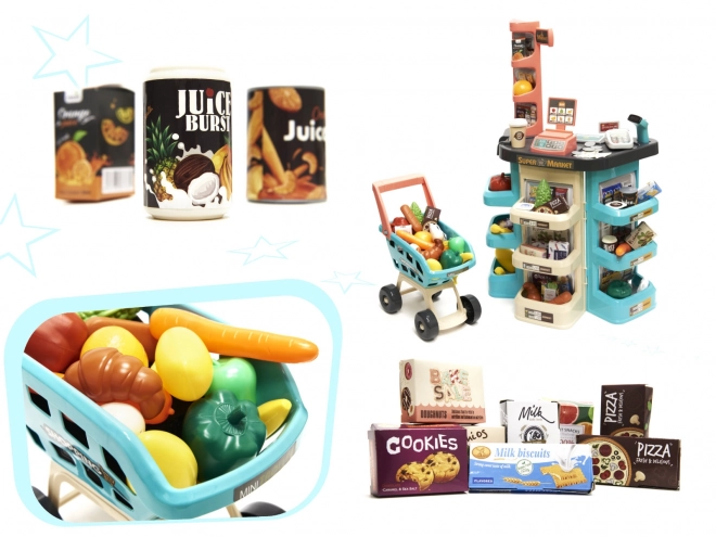 Dziecięcy supermarket z kasą i miętowym wózkiem