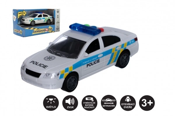 Auto policyjne plastikowe 15cm na baterie z dźwiękiem i światłem na napęd w pudełku 20x11x9cm