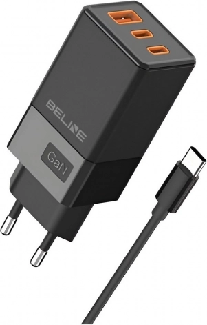 Ładowarka sieciowa 65W GaN 2x USB‑C + USB‑A z kablem USB‑C – czarna