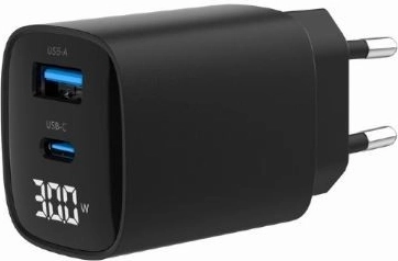 Szybka ładowarka GaN 30 W z USB‑C i USB‑A, wyświetlacz LCD, czarna