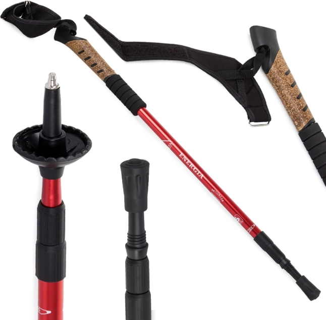 Korkowy kij trekkingowy Nordic Walking z systemem antywstrząsowym, czerwony